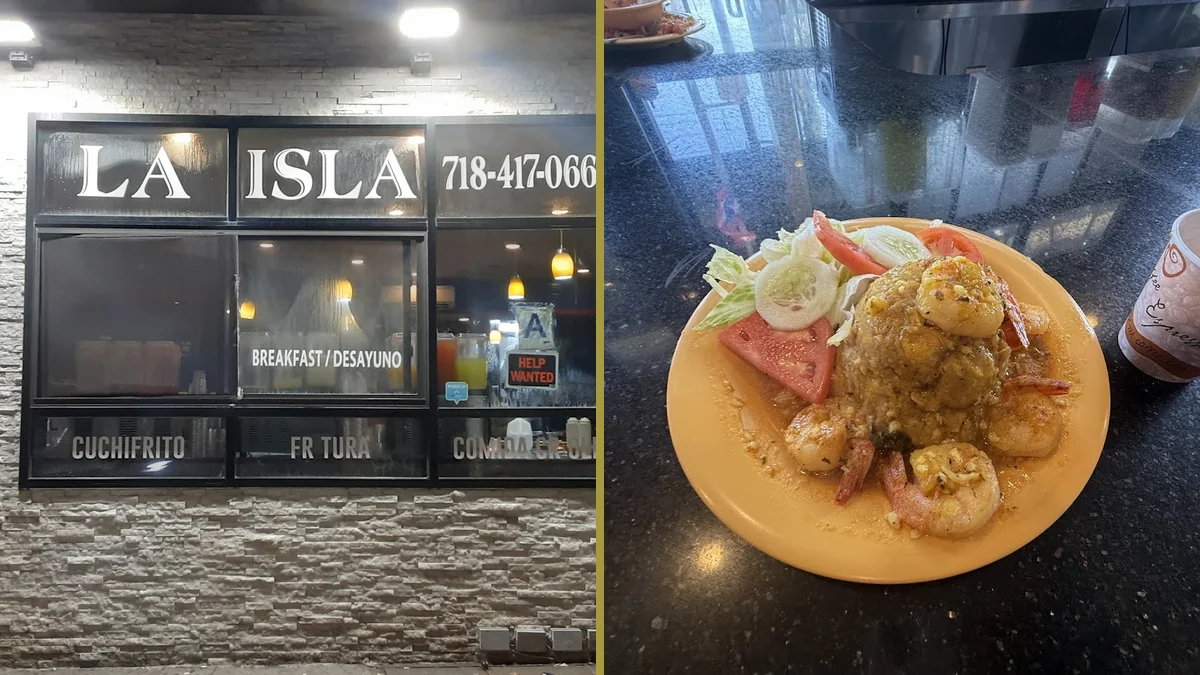 Casual restaurant interior with bright wall signage.