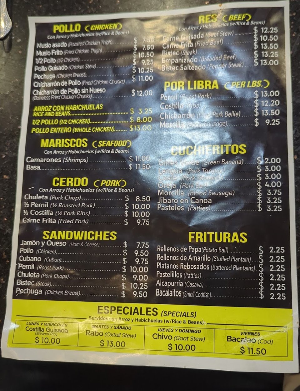 Menu board with chicken, pork, and beef sections.